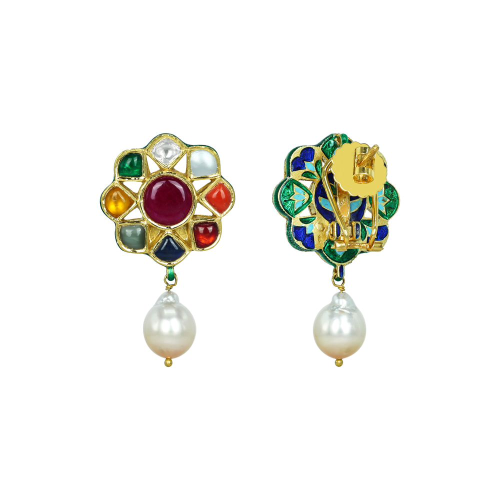Navaratna Earrings with Ruby Center and Pearl Drop
